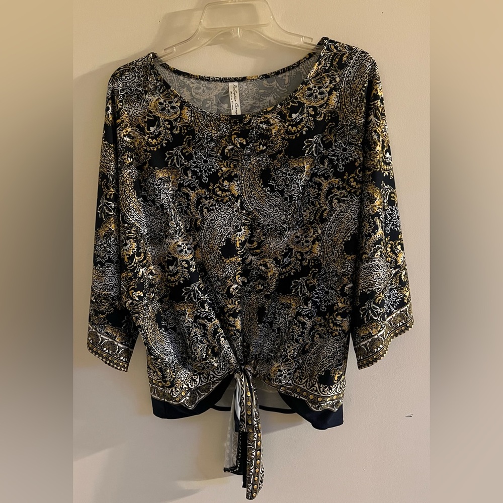 PerSeption Concept Round Neck Tie Front Top, Black/Gold, Excellent Condition, XL